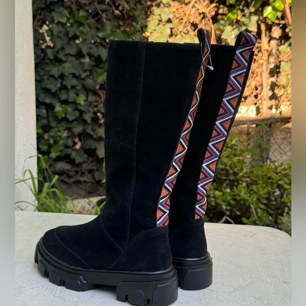 FARM Rio Black Suede Over-the-Knee Boots with Geometric Trim